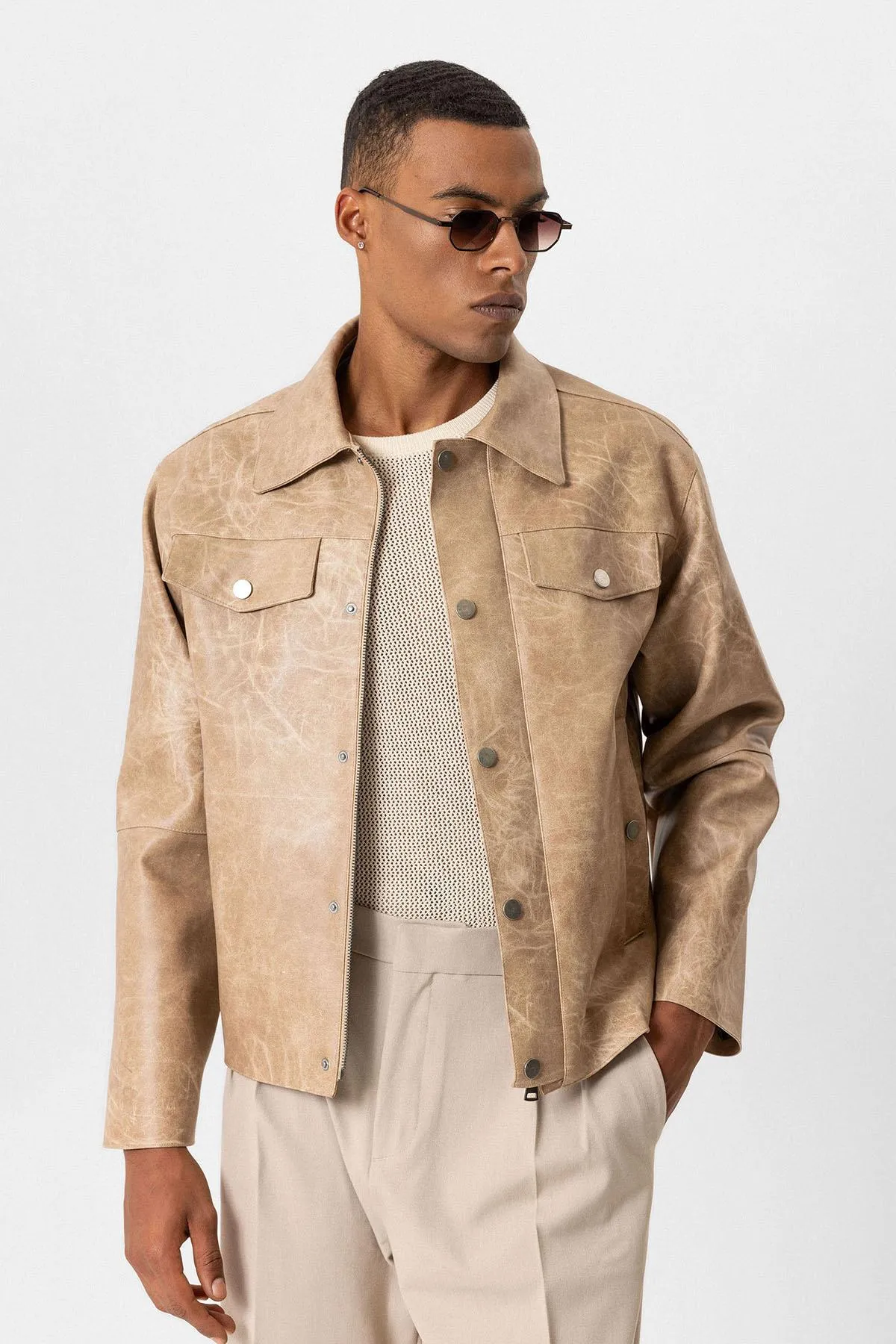 Beige Crop Fit Faux Leather Men's Jacket - Wessi