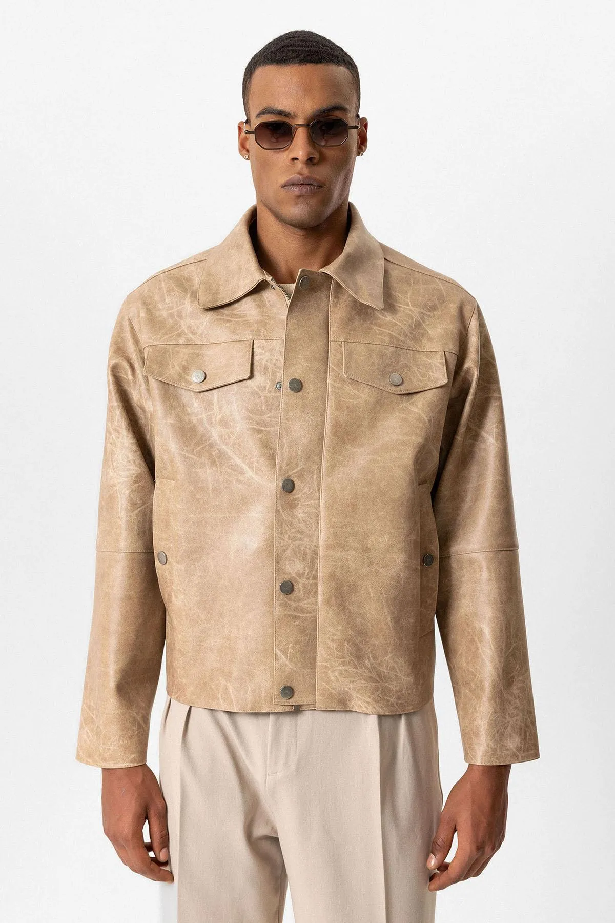 Beige Crop Fit Faux Leather Men's Jacket - Wessi