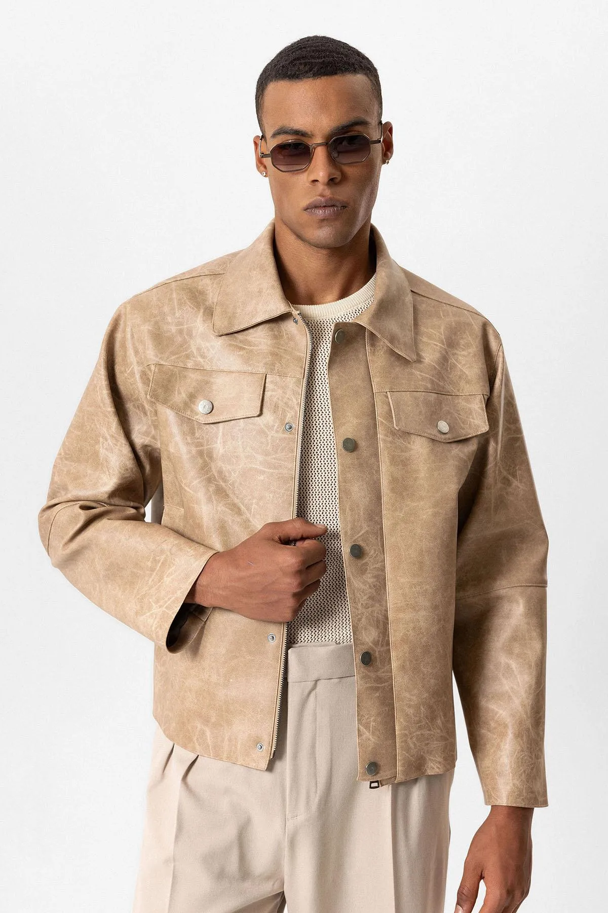 Beige Crop Fit Faux Leather Men's Jacket - Wessi