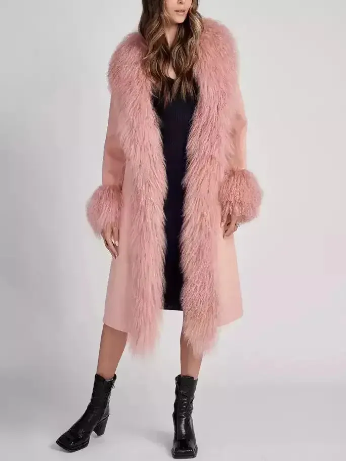 Belted Wool Cashmere and Mongolian Fur Coat in Pink