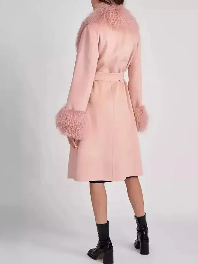 Belted Wool Cashmere and Mongolian Fur Coat in Pink