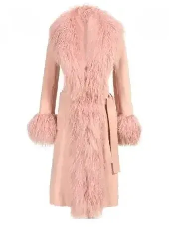 Belted Wool Cashmere and Mongolian Fur Coat in Pink