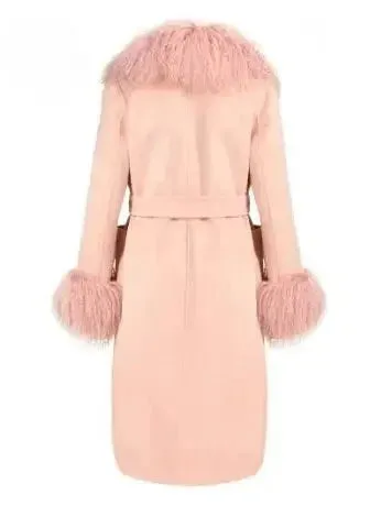 Belted Wool Cashmere and Mongolian Fur Coat in Pink