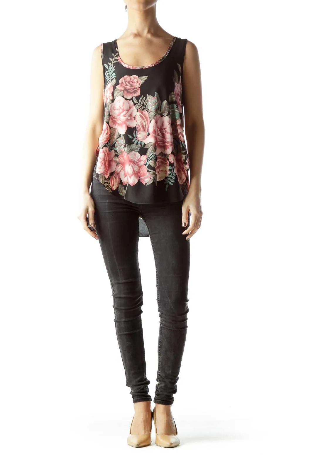 Black Floral Print Sleeveless Tank Top