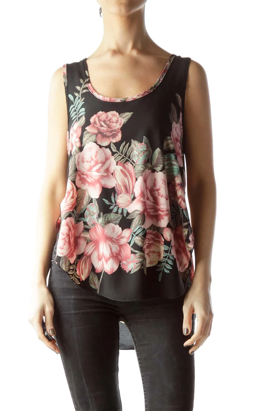 Black Floral Print Sleeveless Tank Top