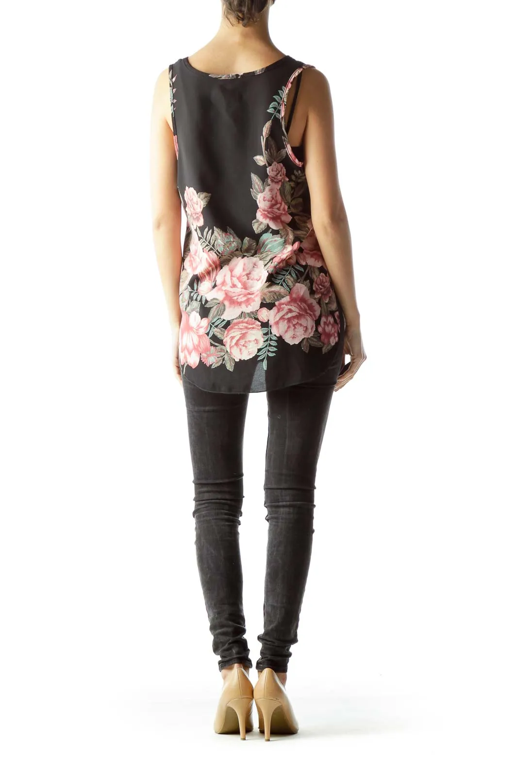 Black Floral Print Sleeveless Tank Top