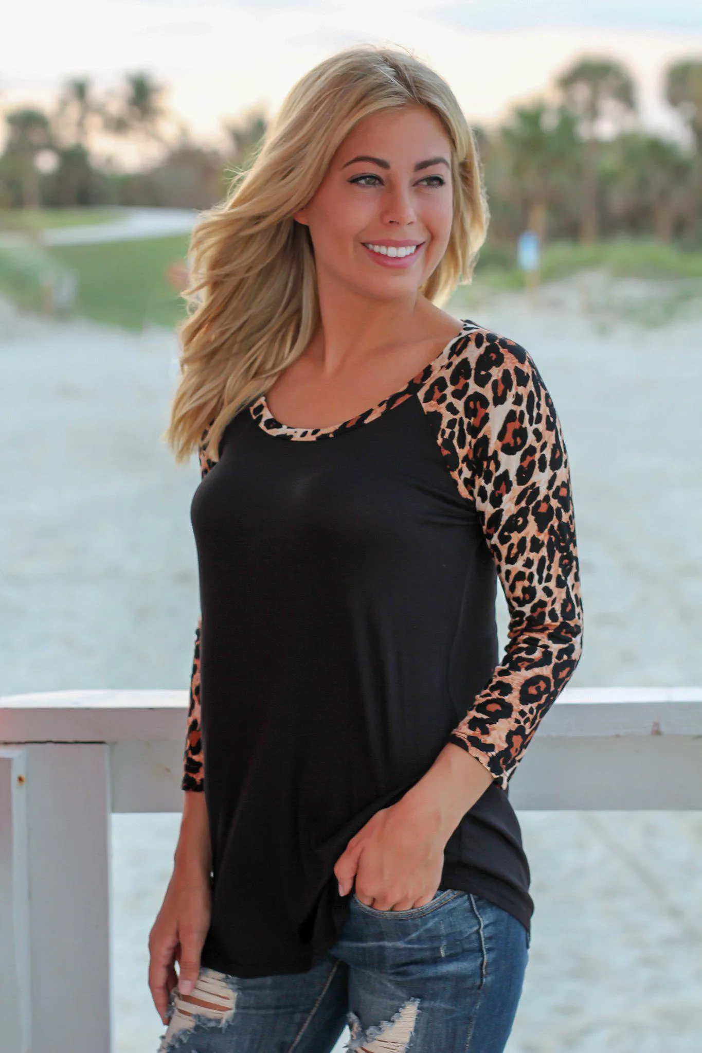 Black Top with 3/4 Leopard Sleeves