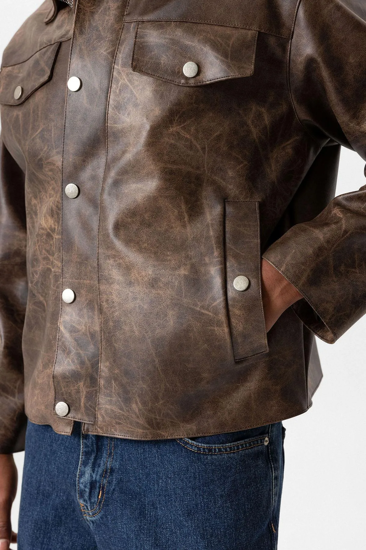 Brown Crop Fit Faux Leather Men's Jacket - Wessi