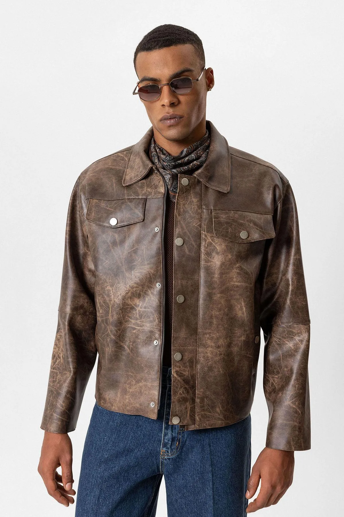 Brown Crop Fit Faux Leather Men's Jacket - Wessi