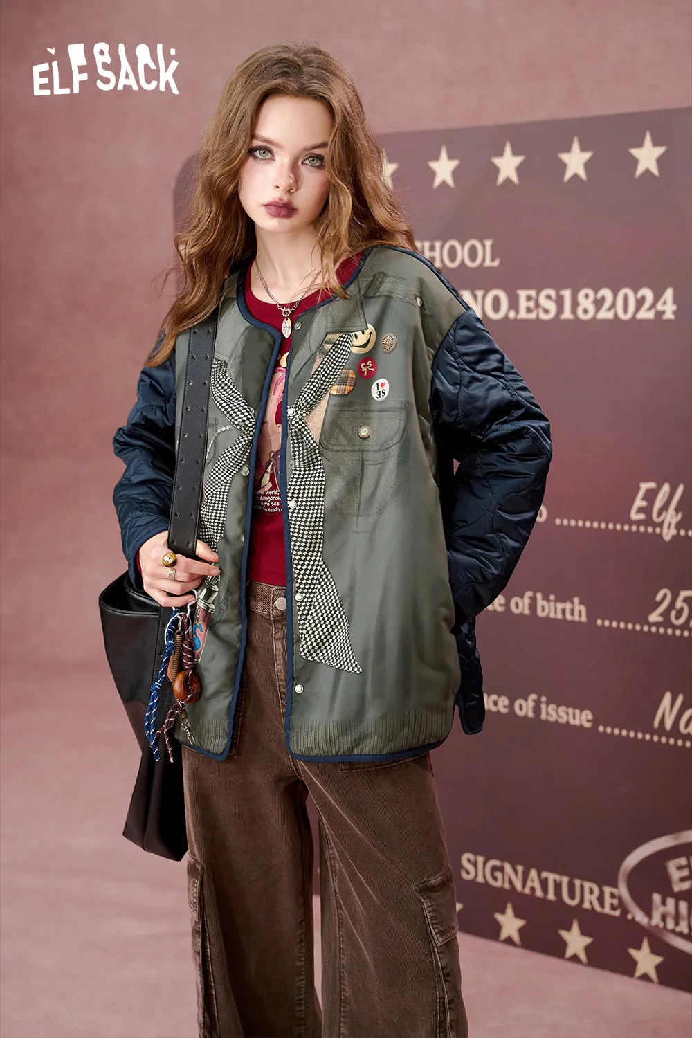 ELFSACK 2024 Autumn New Arrivals Printed loose retro mid-length casual cotton jacket for women,