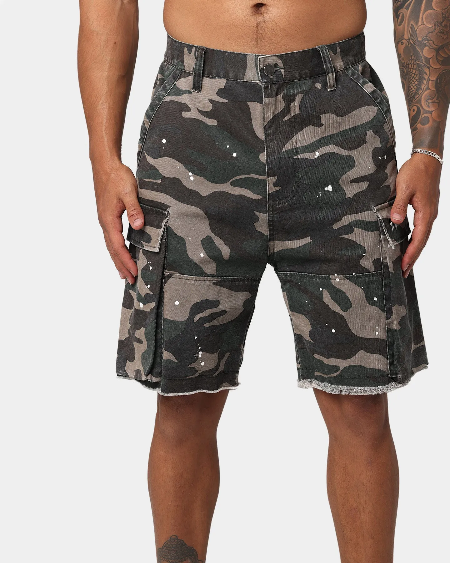 EN ES Splatter Camo Cargo Shorts Woodland Camo