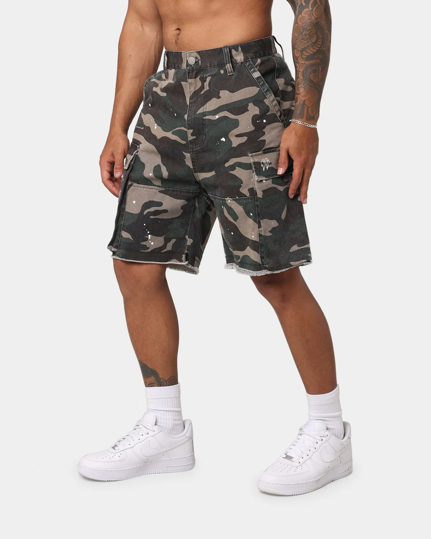 EN ES Splatter Camo Cargo Shorts Woodland Camo