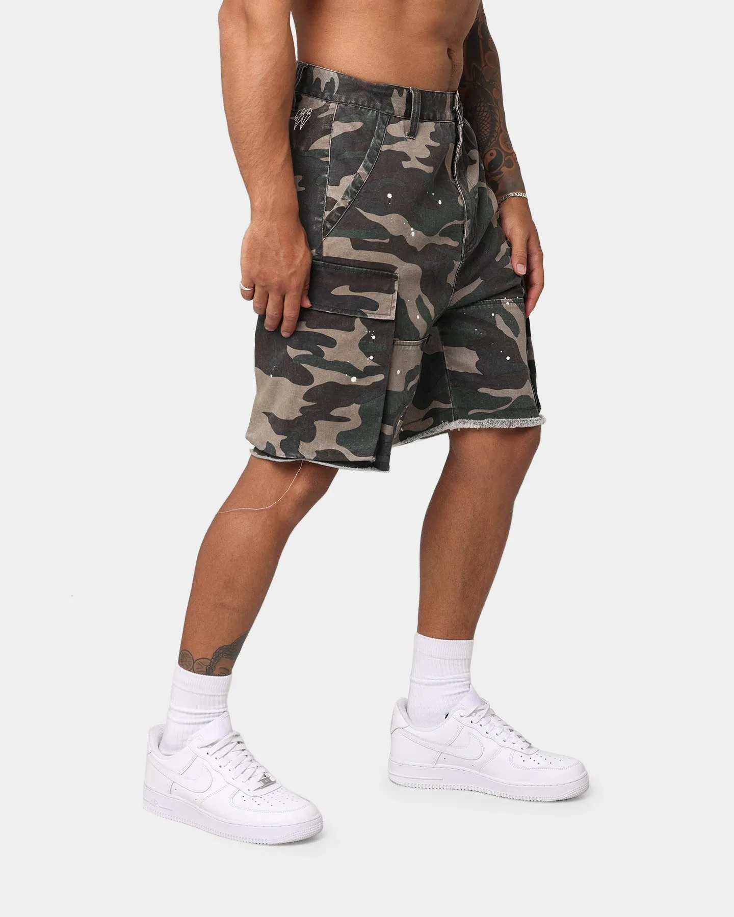 EN ES Splatter Camo Cargo Shorts Woodland Camo