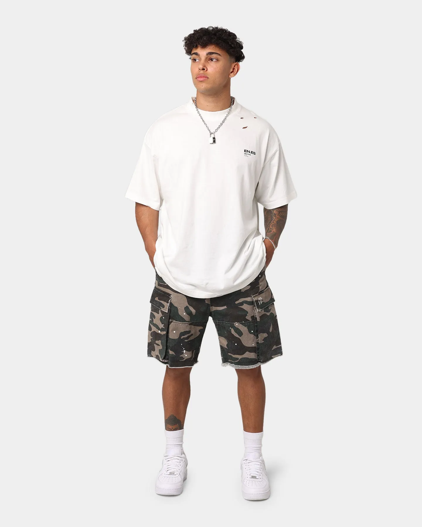 EN ES Splatter Camo Cargo Shorts Woodland Camo