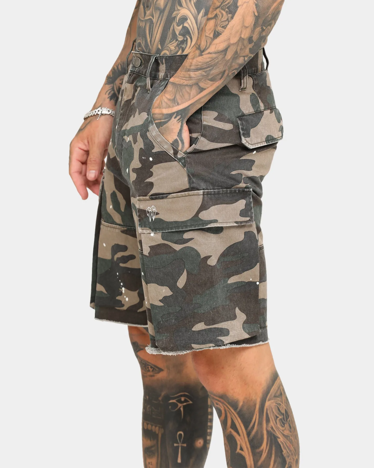 EN ES Splatter Camo Cargo Shorts Woodland Camo