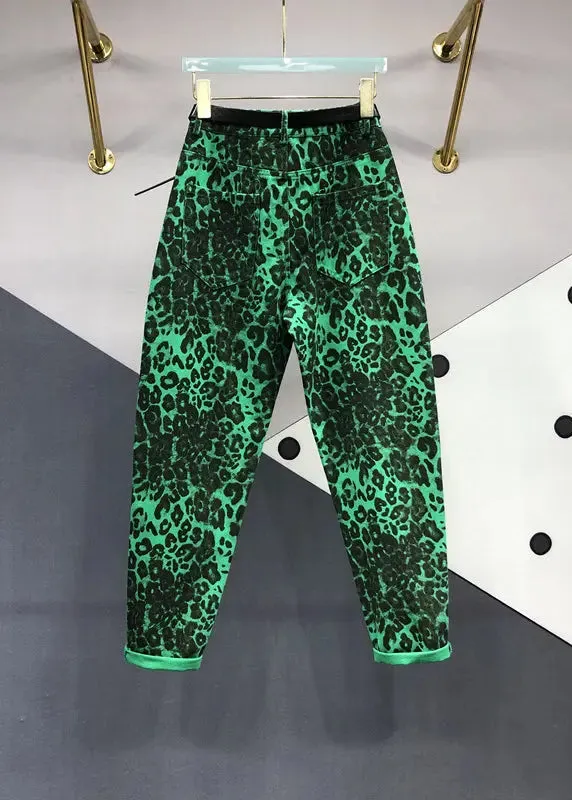 Fashion Green Leopard Pockets Patchwork Denim Pants Fall ML0787