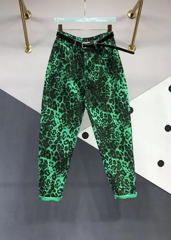 Fashion Green Leopard Pockets Patchwork Denim Pants Fall ML0787