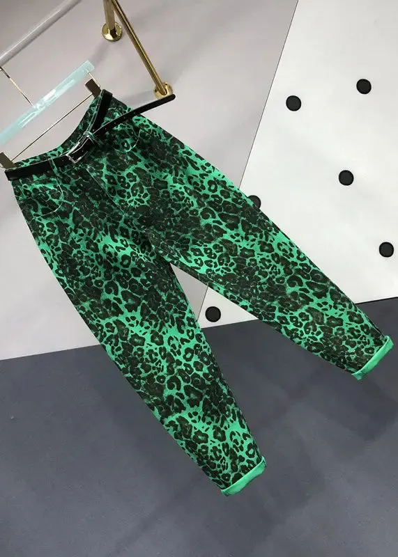 Fashion Green Leopard Pockets Patchwork Denim Pants Fall ML0787