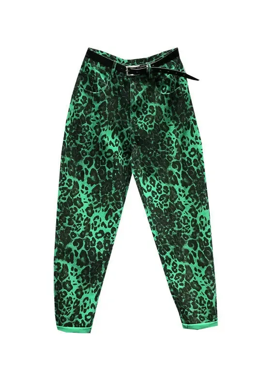 Fashion Green Leopard Pockets Patchwork Denim Pants Fall ML0787