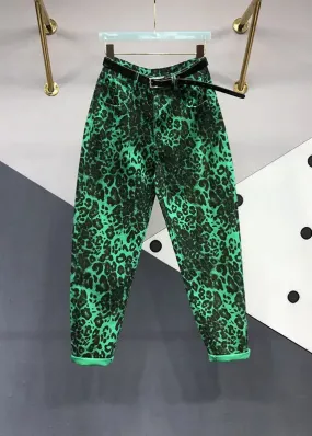 Fashion Green Leopard Pockets Patchwork Denim Pants Fall ML0787