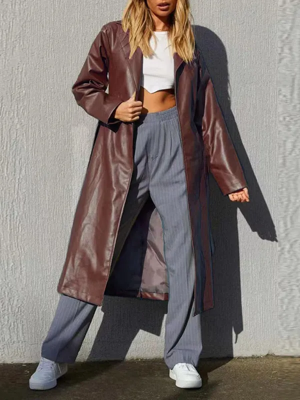 Faux Leather Long Coat: Open Front, Bowknot Back, Pockets