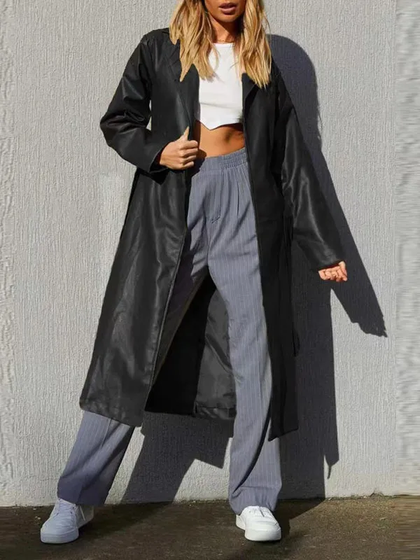 Faux Leather Long Coat: Open Front, Bowknot Back, Pockets