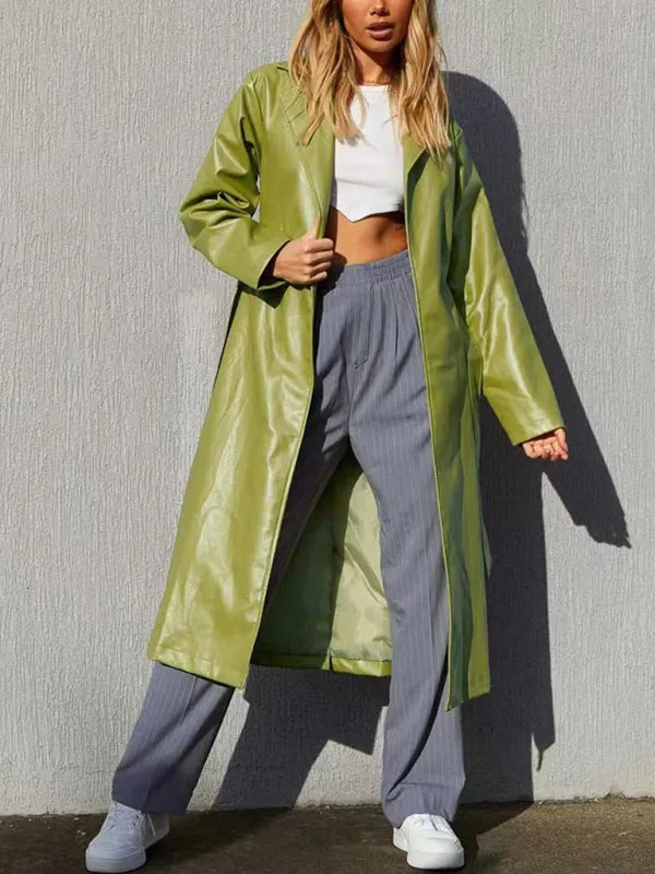 Faux Leather Long Coat: Open Front, Bowknot Back, Pockets