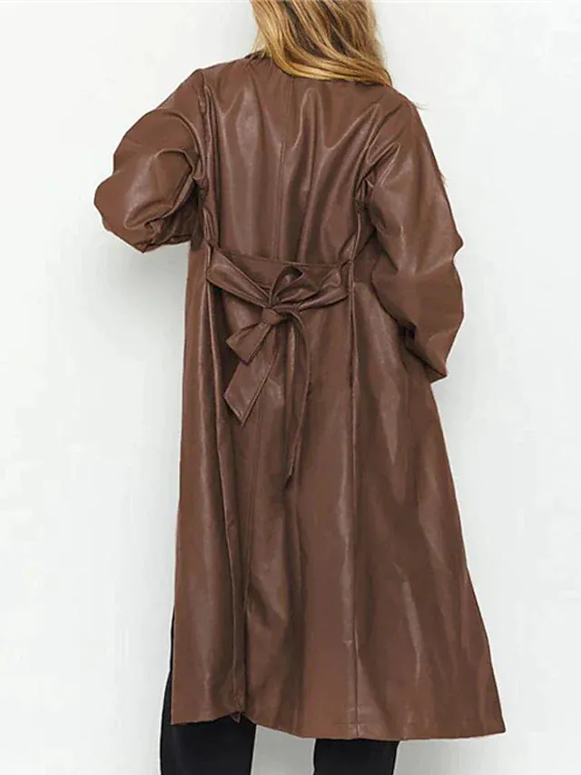 Faux Leather Long Coat: Open Front, Bowknot Back, Pockets