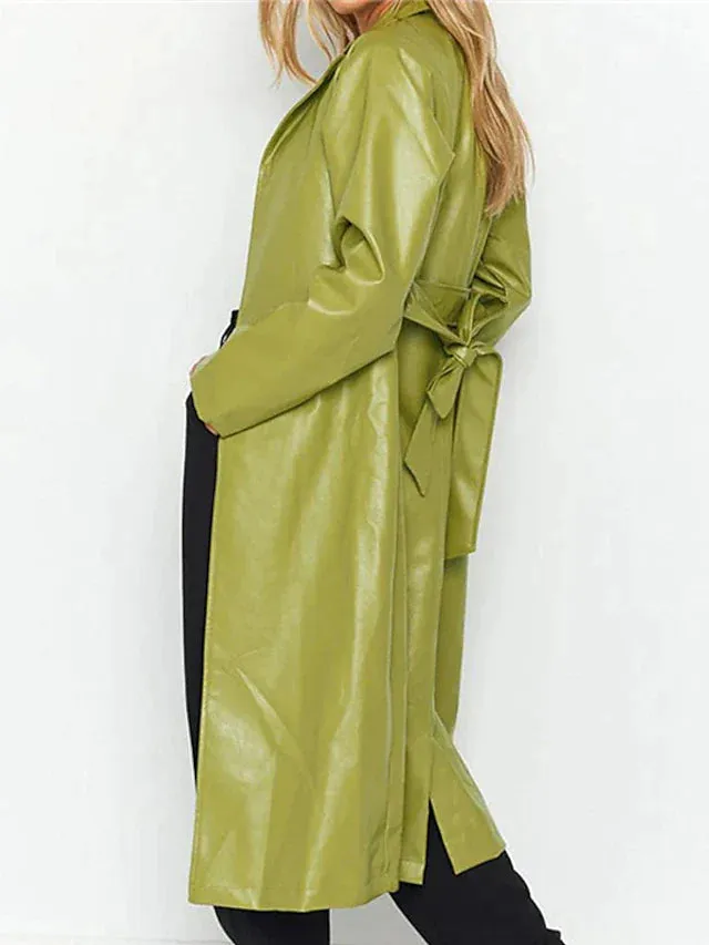 Faux Leather Long Coat: Open Front, Bowknot Back, Pockets