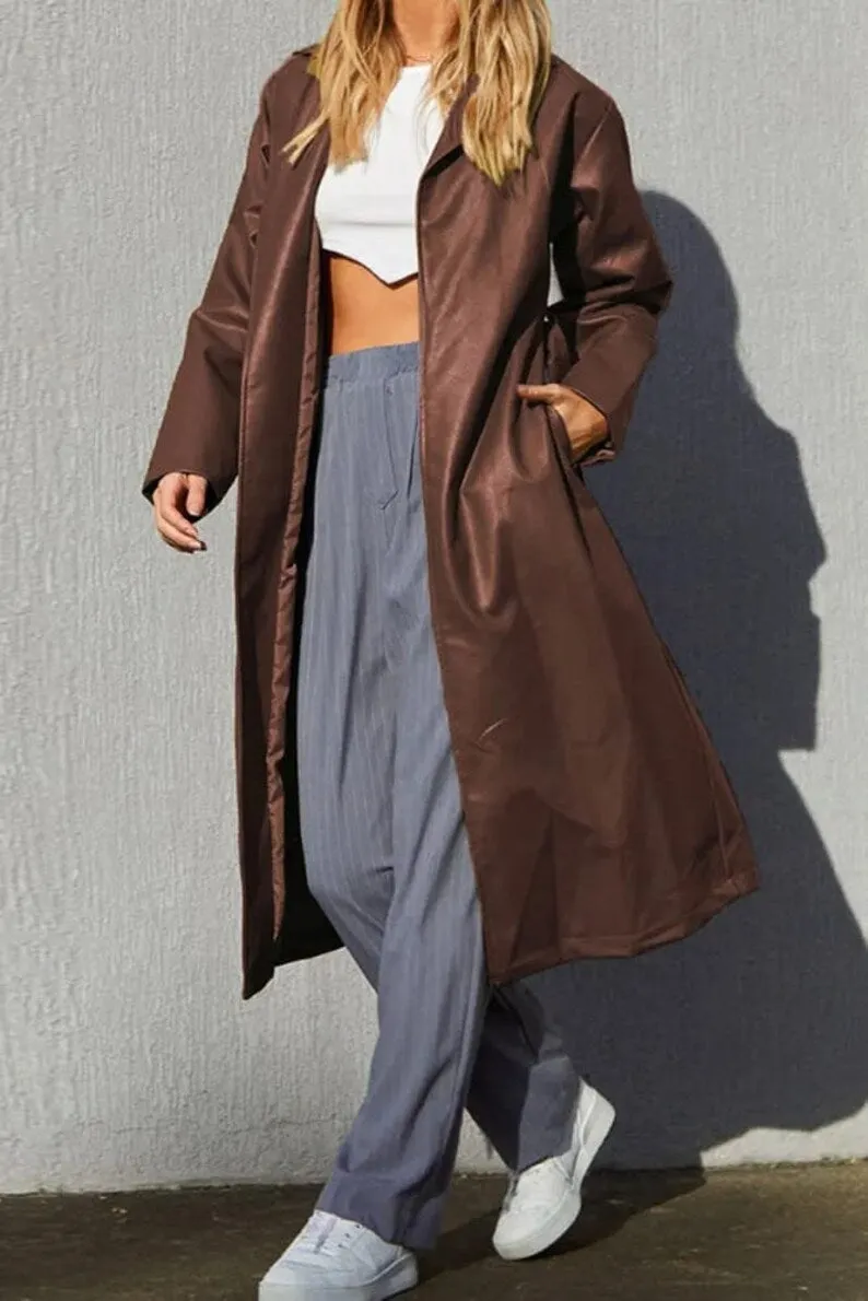 Faux Leather Long Coat: Open Front, Bowknot Back, Pockets