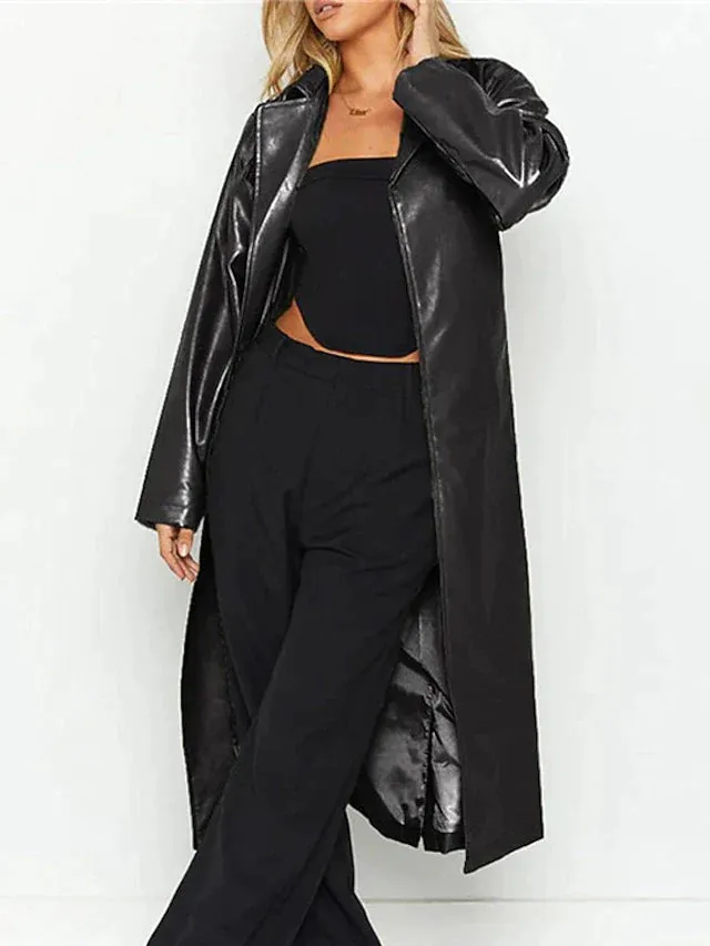 Faux Leather Long Coat: Open Front, Bowknot Back, Pockets