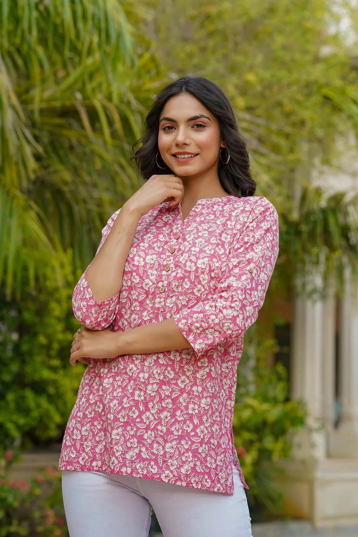 Floral Mosaic on Pink Short Kurti