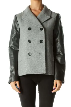 Gray Double Breasted Coat with Faux-Leather Sleeves