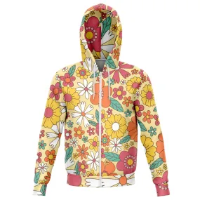 Groovy Flowers Zip Up Hoodie, Vintage Retro Floral Front Zipper Pocket Men Women Adult Aesthetic Graphic Cotton Hooded Sweatshirt