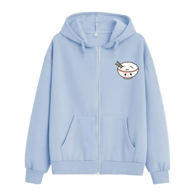 Happy Riceo the Rice Bowl Soft Zip-Up Hoodie