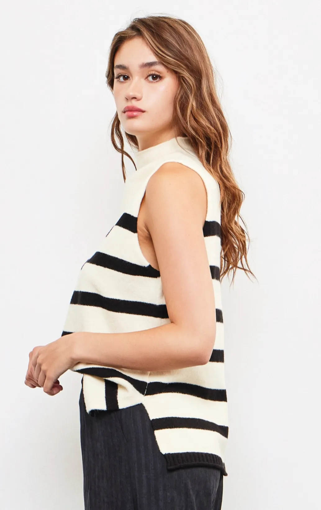 High Neck Stripe Sweater Tank