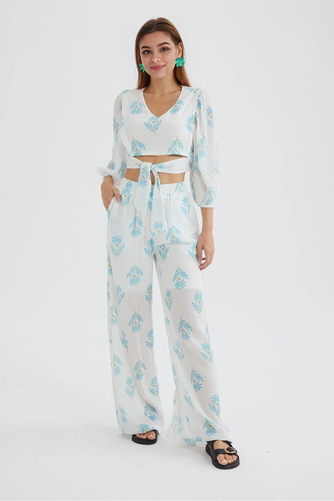 Joskaa Floral Print Puff Sleeve Knotted-front Tops Long Pants Suits