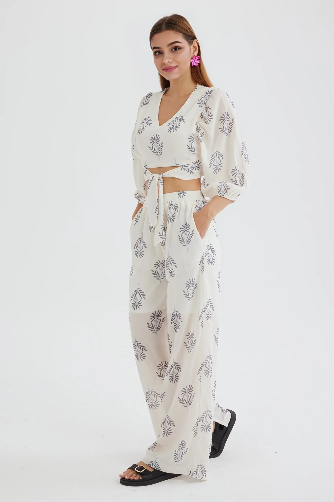 Joskaa Floral Print Puff Sleeve Knotted-front Tops Long Pants Suits