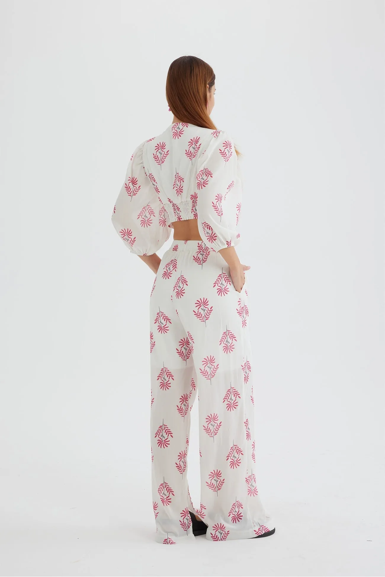 Joskaa Floral Print Puff Sleeve Knotted-front Tops Long Pants Suits