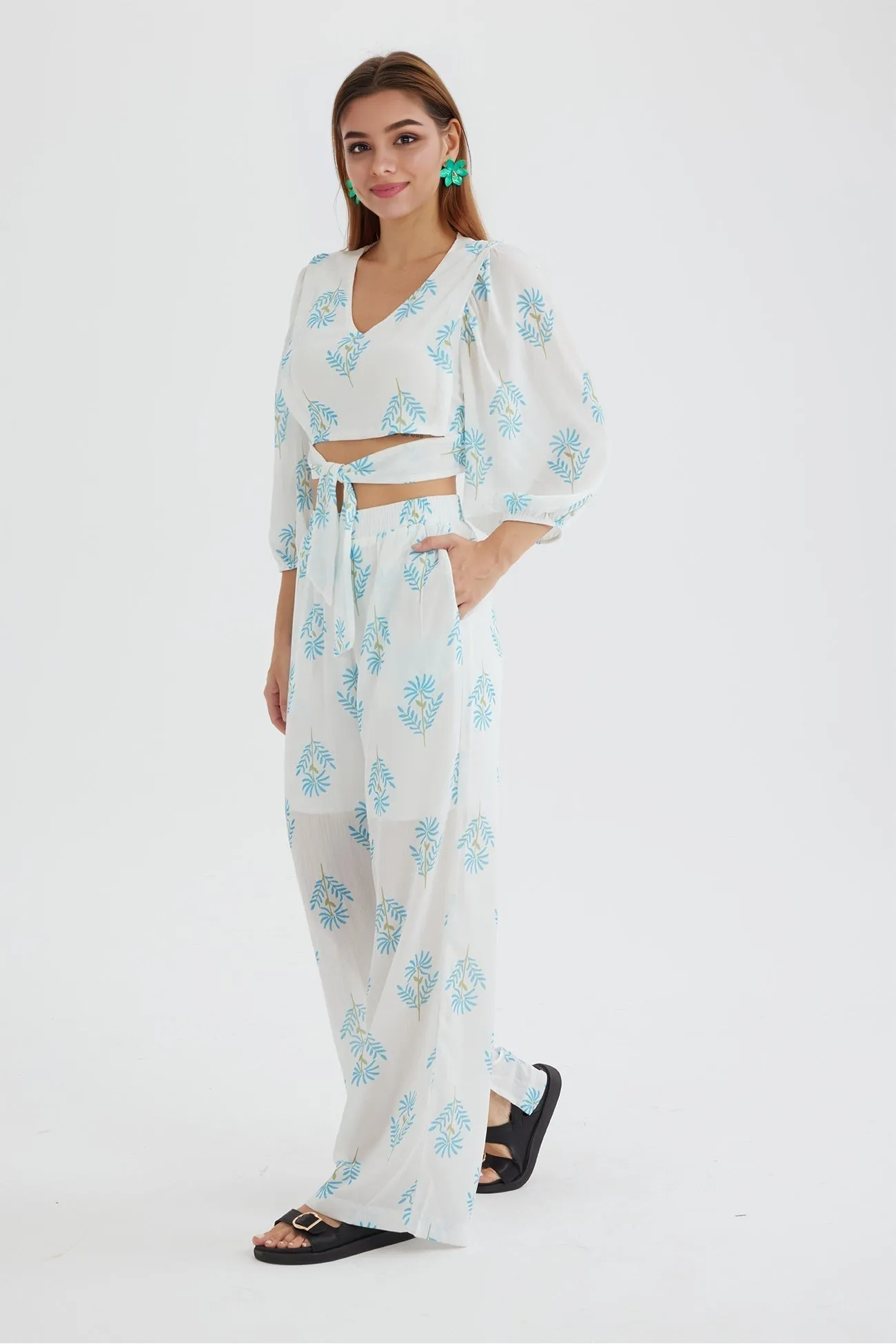 Joskaa Floral Print Puff Sleeve Knotted-front Tops Long Pants Suits