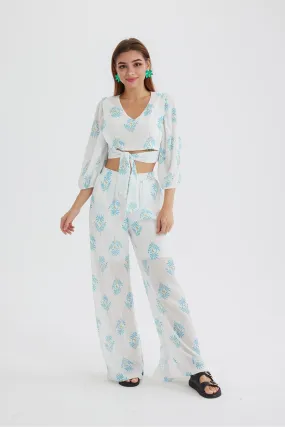 Joskaa Floral Print Puff Sleeve Knotted-front Tops Long Pants Suits