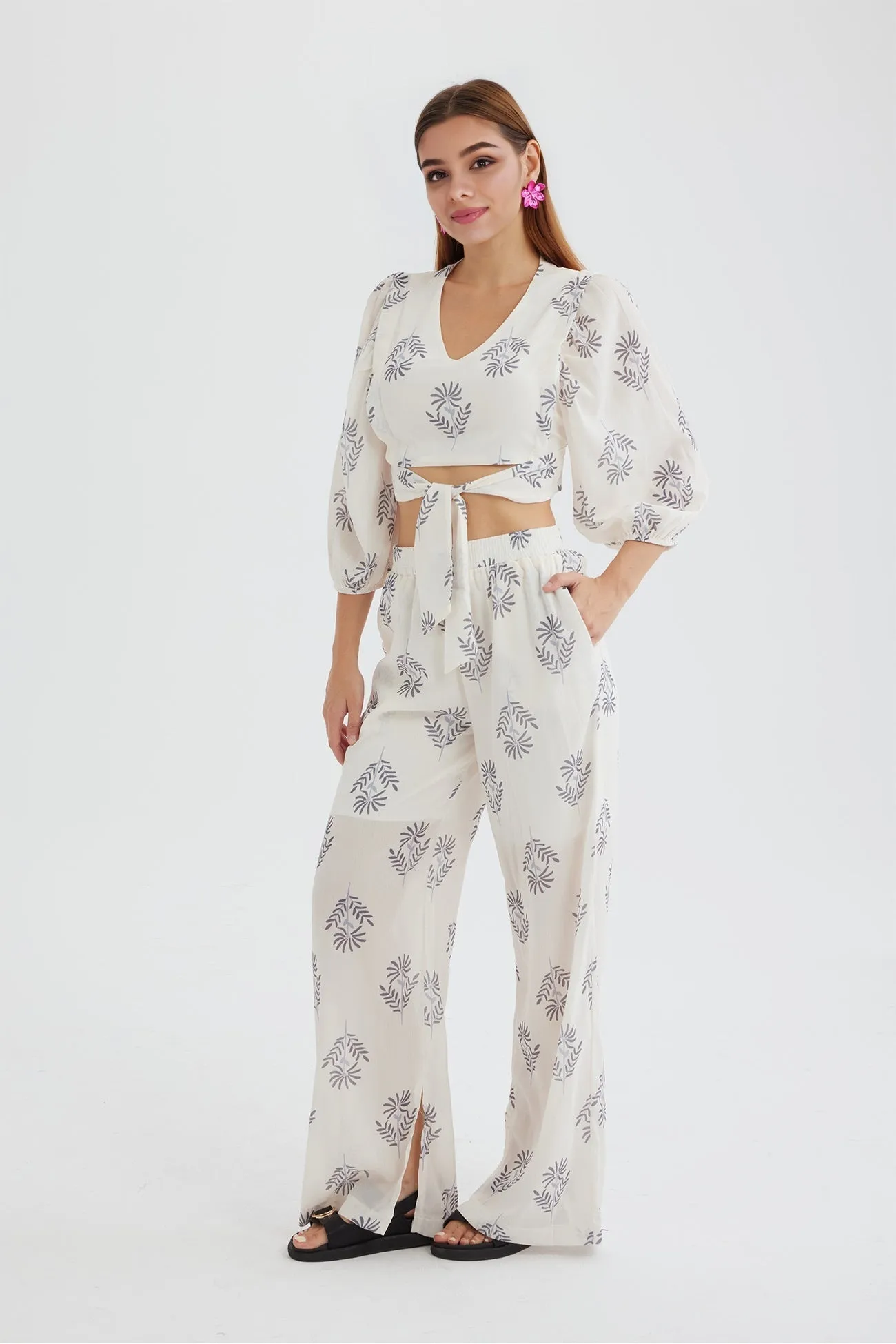 Joskaa Floral Print Puff Sleeve Knotted-front Tops Long Pants Suits