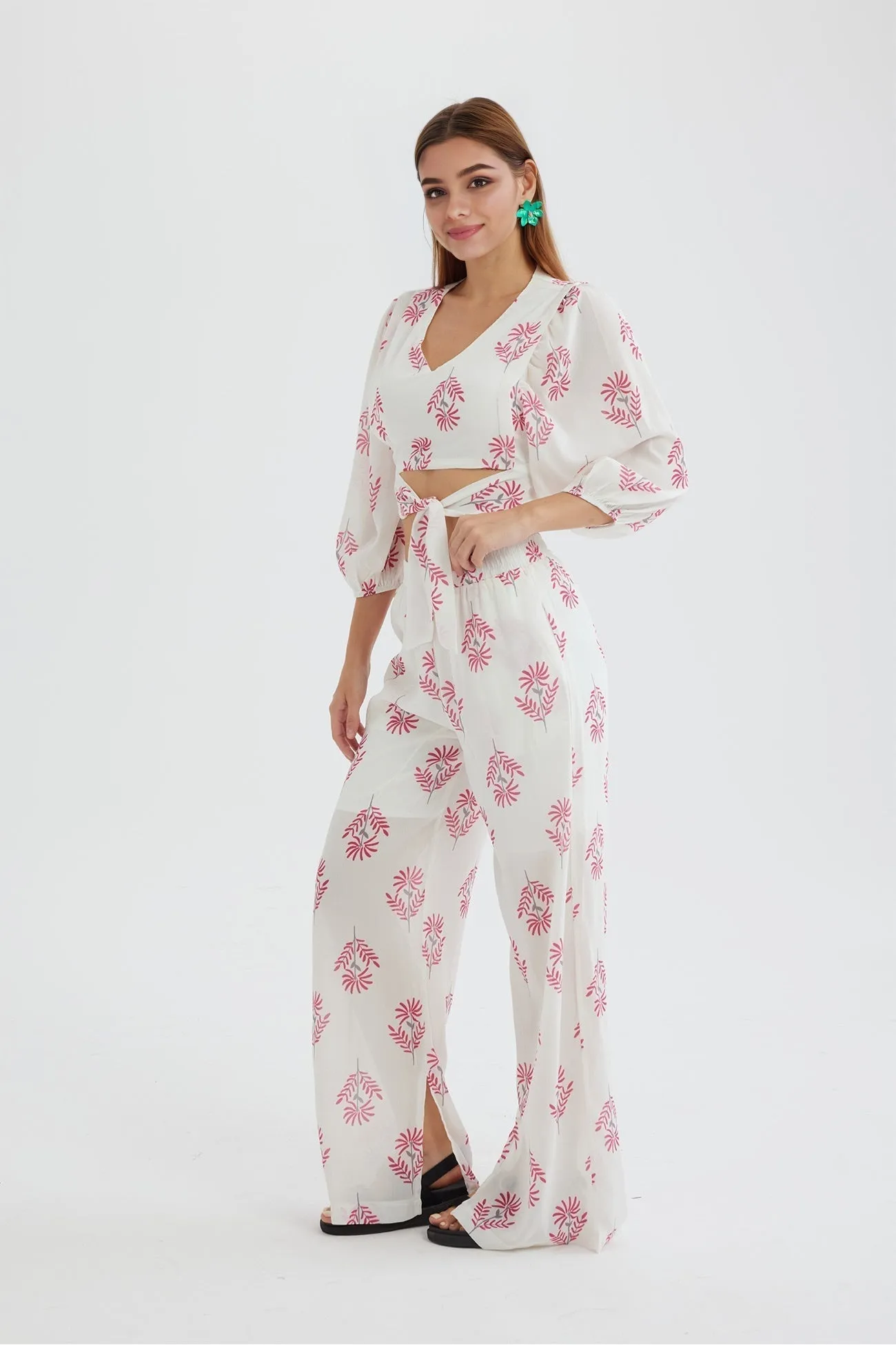 Joskaa Floral Print Puff Sleeve Knotted-front Tops Long Pants Suits