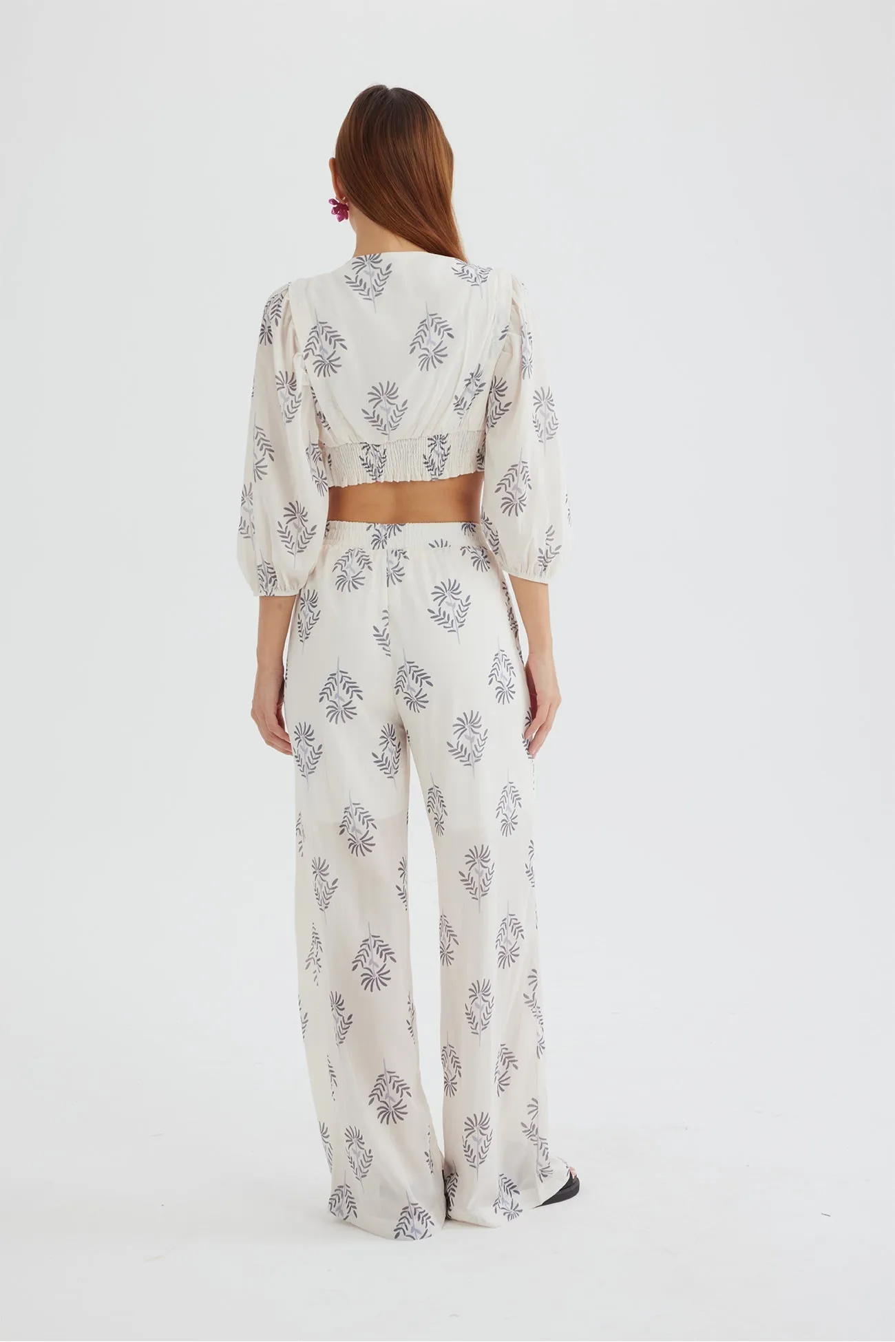 Joskaa Floral Print Puff Sleeve Knotted-front Tops Long Pants Suits