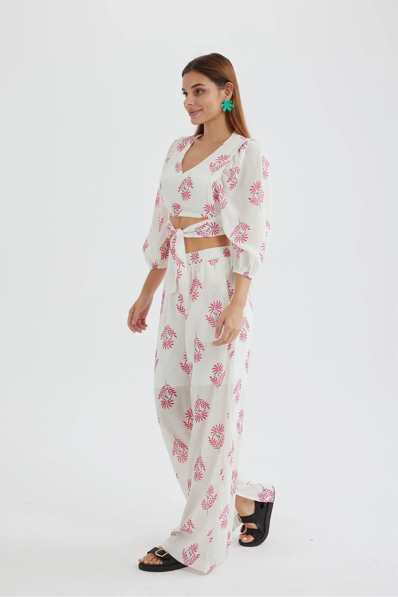 Joskaa Floral Print Puff Sleeve Knotted-front Tops Long Pants Suits