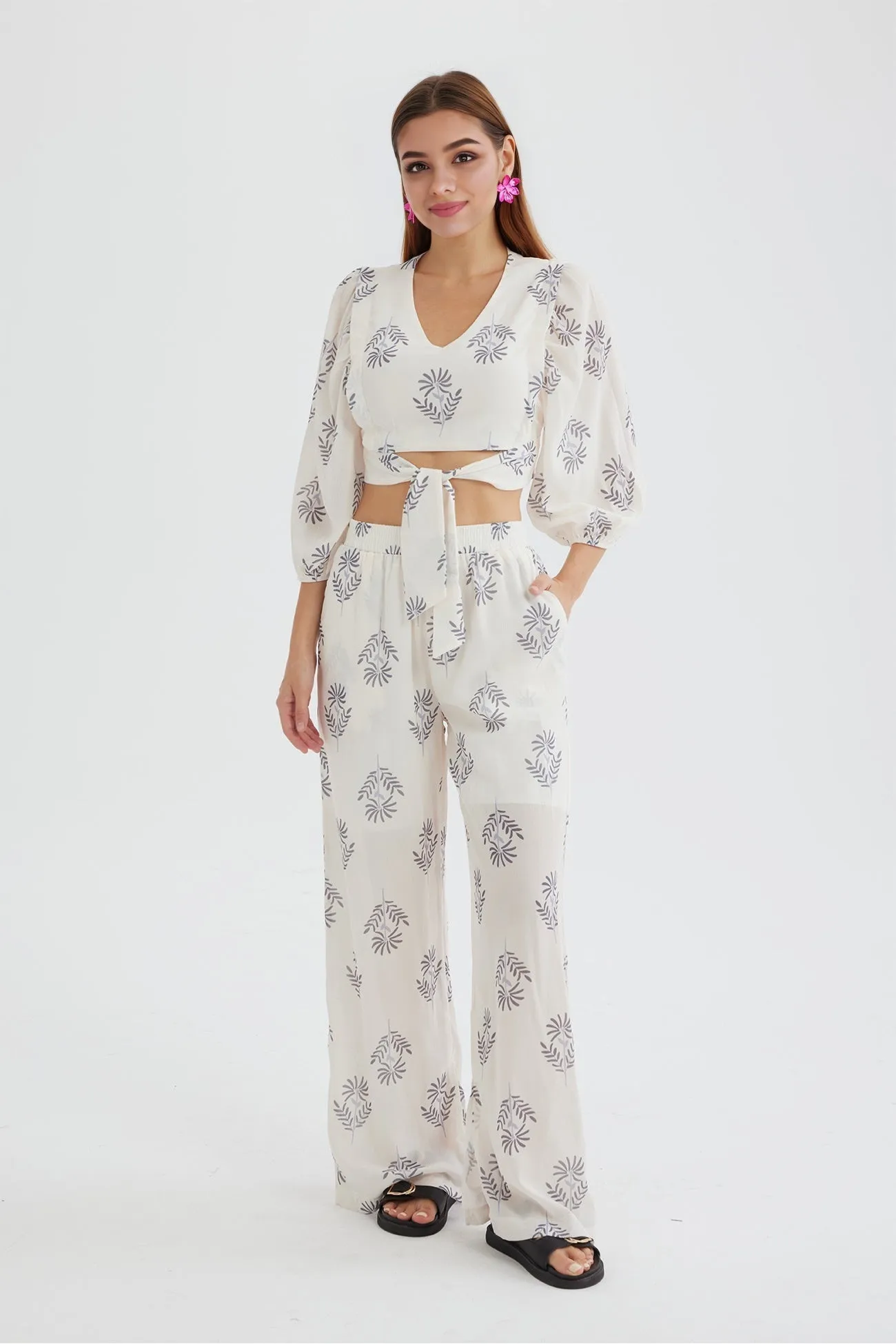 Joskaa Floral Print Puff Sleeve Knotted-front Tops Long Pants Suits