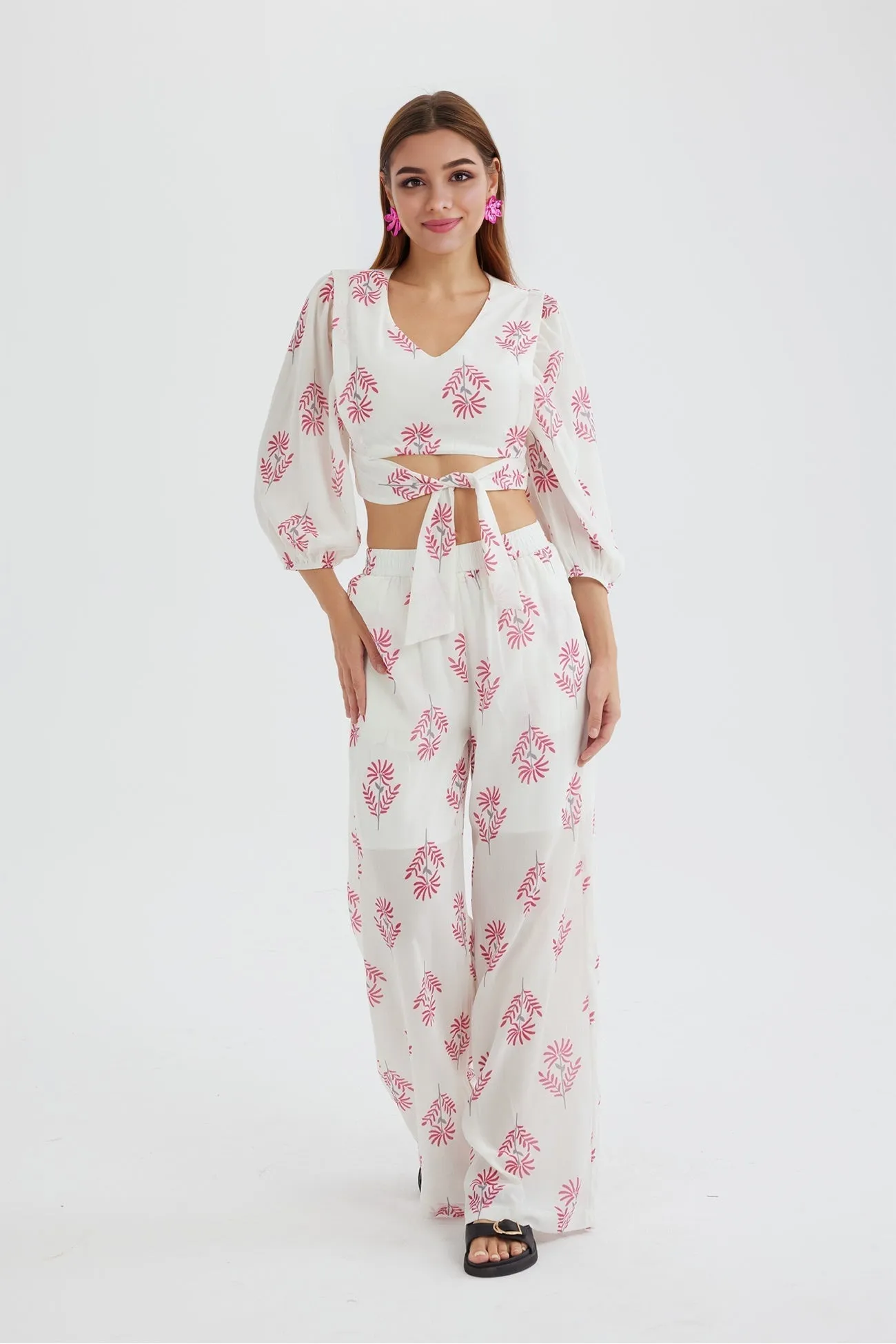 Joskaa Floral Print Puff Sleeve Knotted-front Tops Long Pants Suits