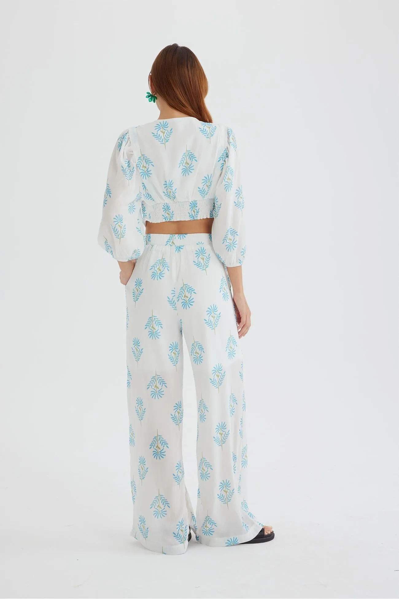 Joskaa Floral Print Puff Sleeve Knotted-front Tops Long Pants Suits