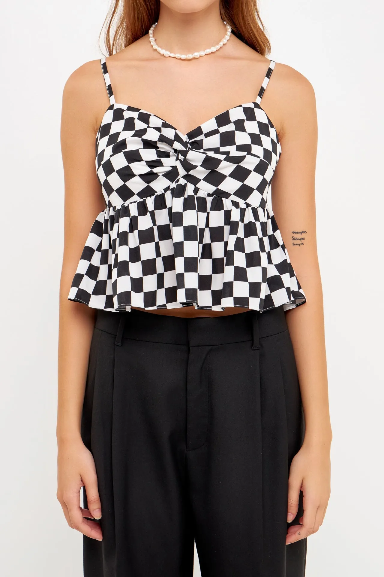 Knotted Checker Print Top