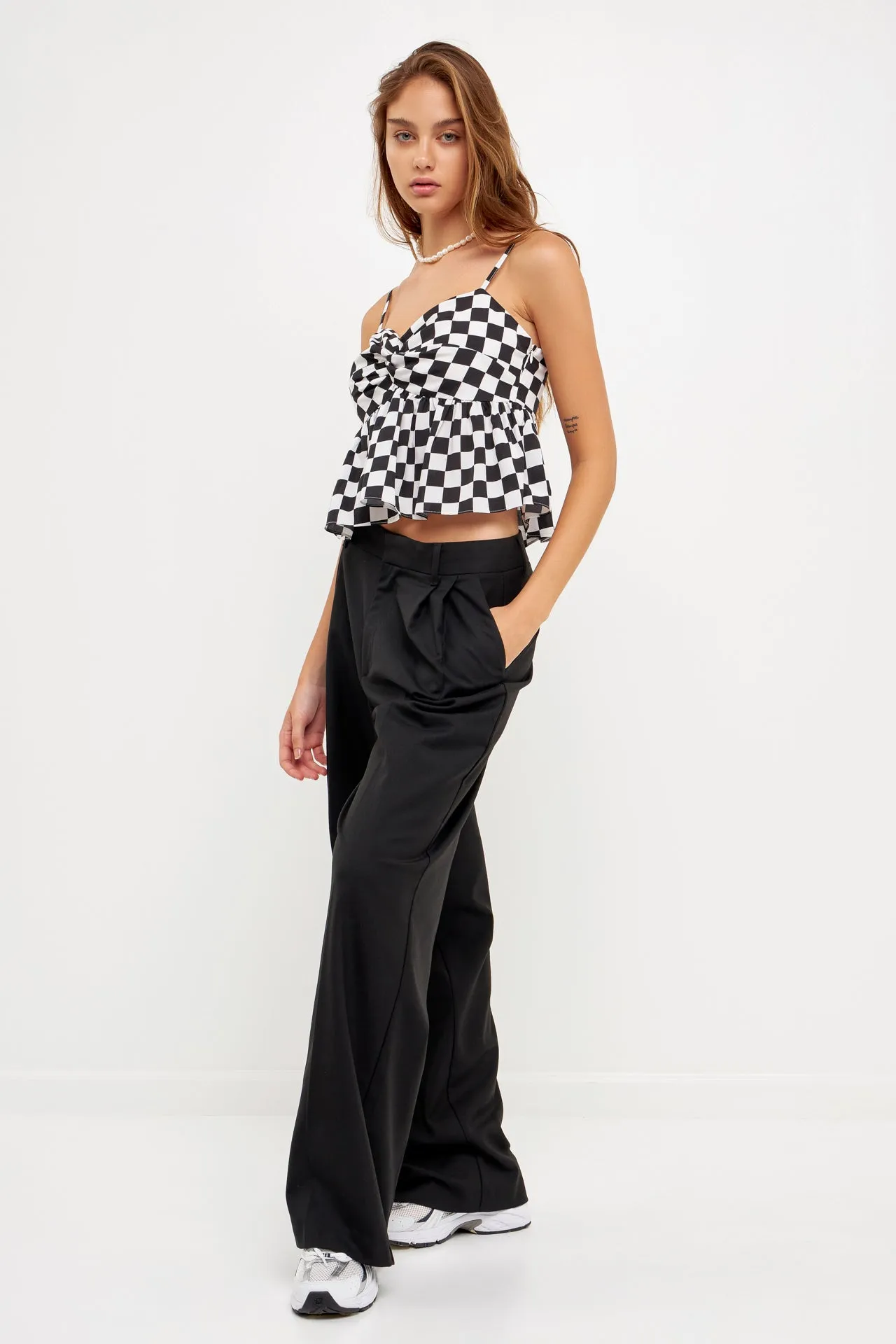 Knotted Checker Print Top